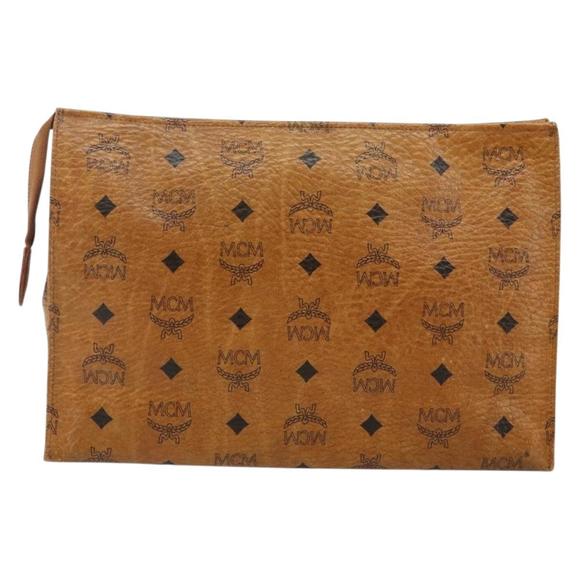 MCM Logogram Vicetos Clutch Bag PVC Leather Brown Gold Auth am9104